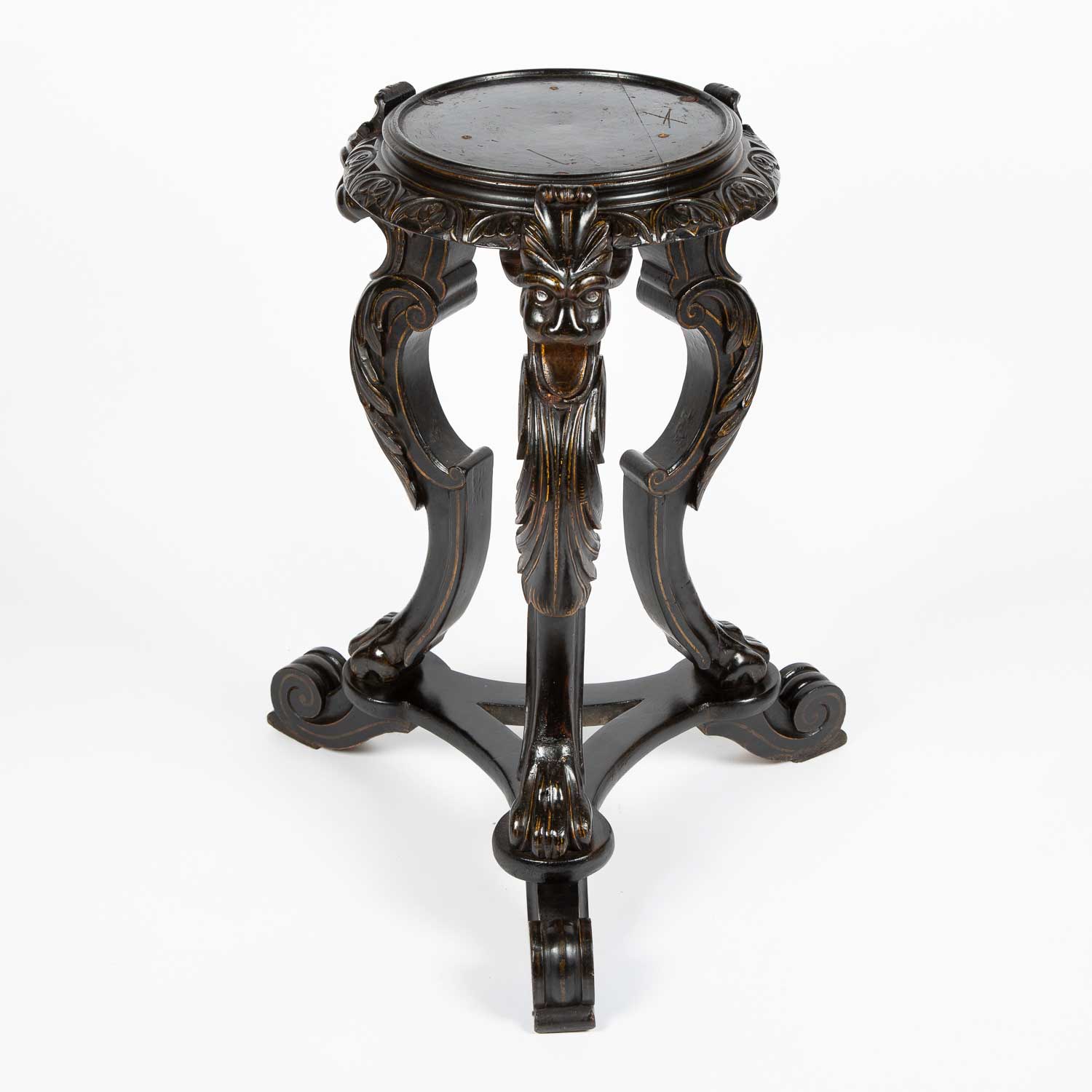 Carved 19th century ebonized tripod vase stands
