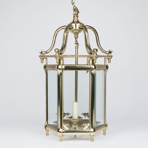 brass hexagonal hall lantern with bevelled glass
